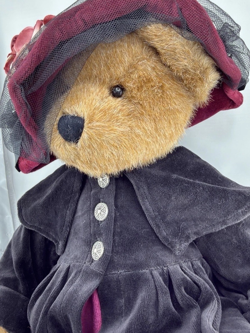 Plush Brown Bear in Burgundy Hat and Black Velvet Outfit - Kids Toy